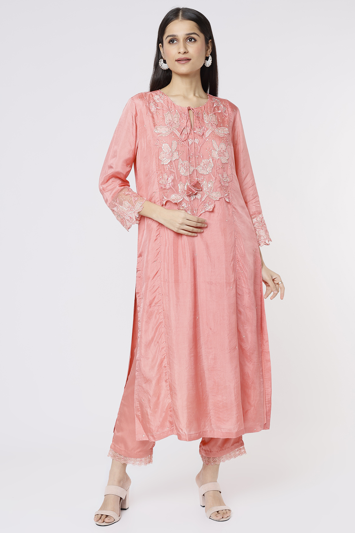 Peach Viscose Silk Embroidered Paneled Kurta by One not two at Pernia's Pop Up Shop