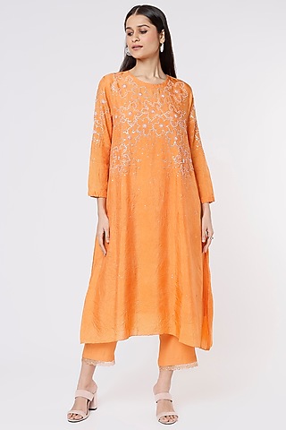 Papaya Orange Modal Satin Embroidered Pants by One not two
