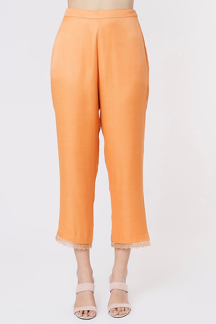 Papaya Orange Modal Satin Embroidered Pants by One not two at Pernia's Pop Up Shop