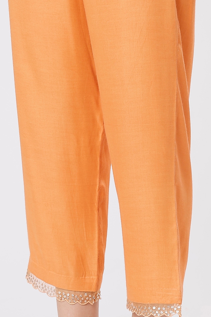 Papaya Orange Modal Satin Embroidered Pants by One not two at Pernia's Pop Up Shop