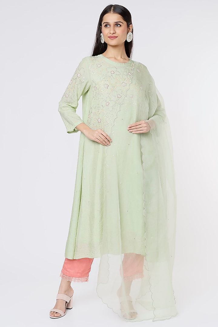 Mist Green Silk Organza Embroidered Dupatta by One not two at Pernia's Pop Up Shop