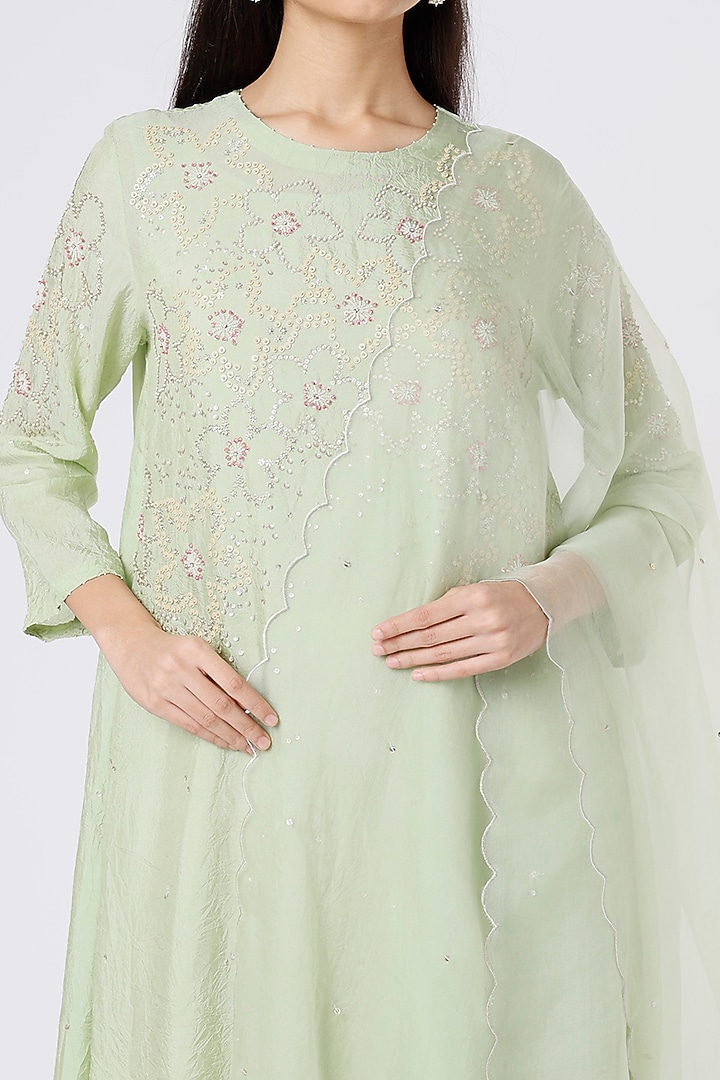 Mist Green Silk Organza Embroidered Dupatta by One not two at Pernia's Pop Up Shop