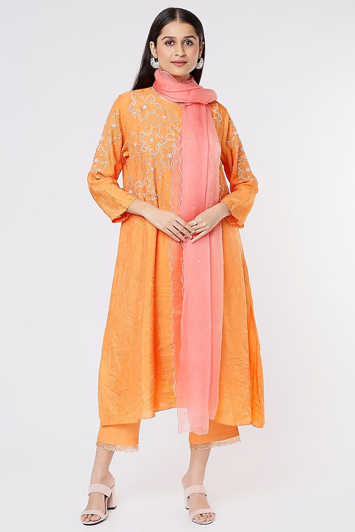 Peach Silk Organza Embroidered Dupatta by One not two