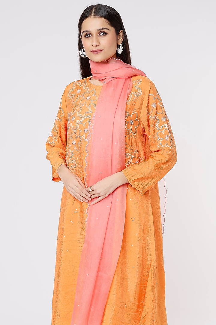Peach Silk Organza Embroidered Dupatta by One not two at Pernia's Pop Up Shop