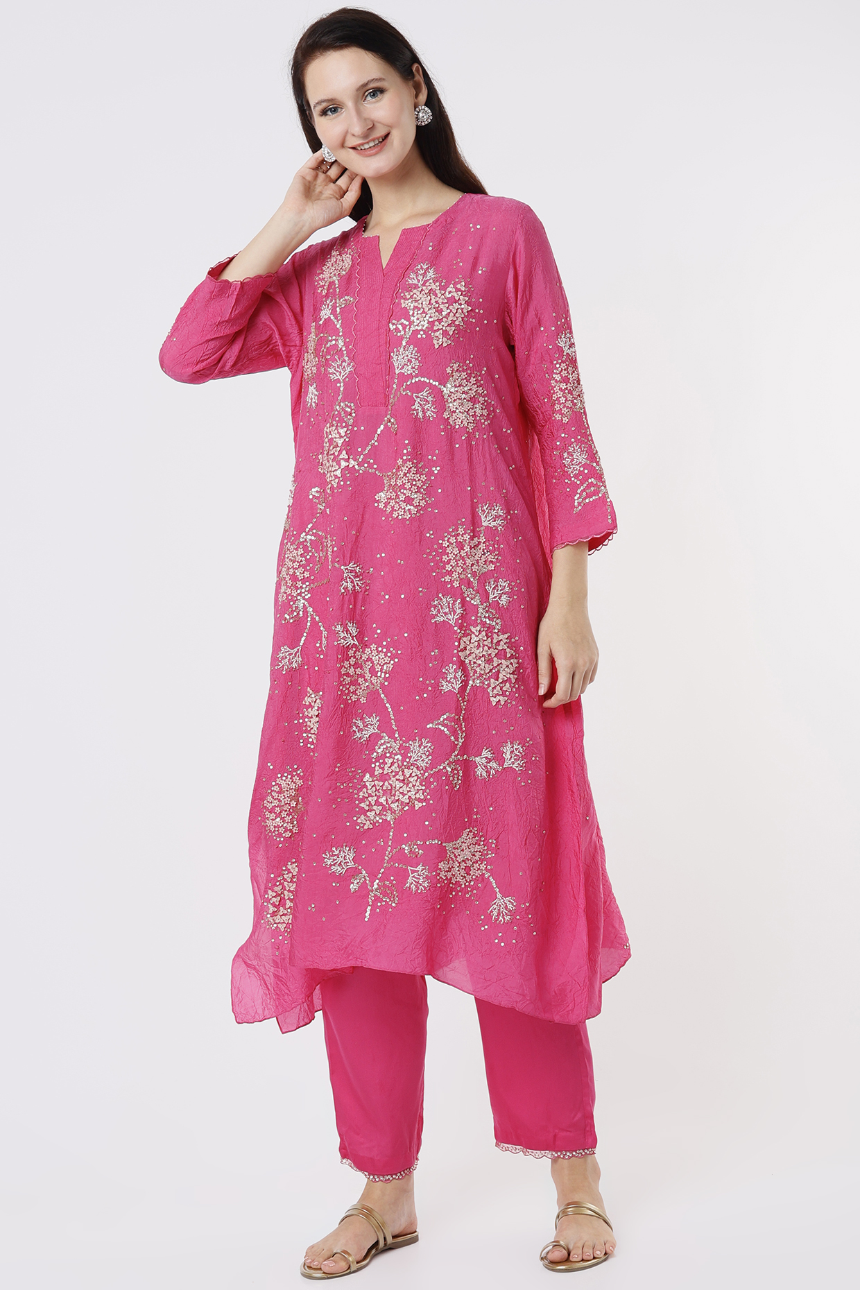 Hot Pink Viscose Silk Embroidered Crushed A-Line Kurta by One not two at Pernia's Pop Up Shop
