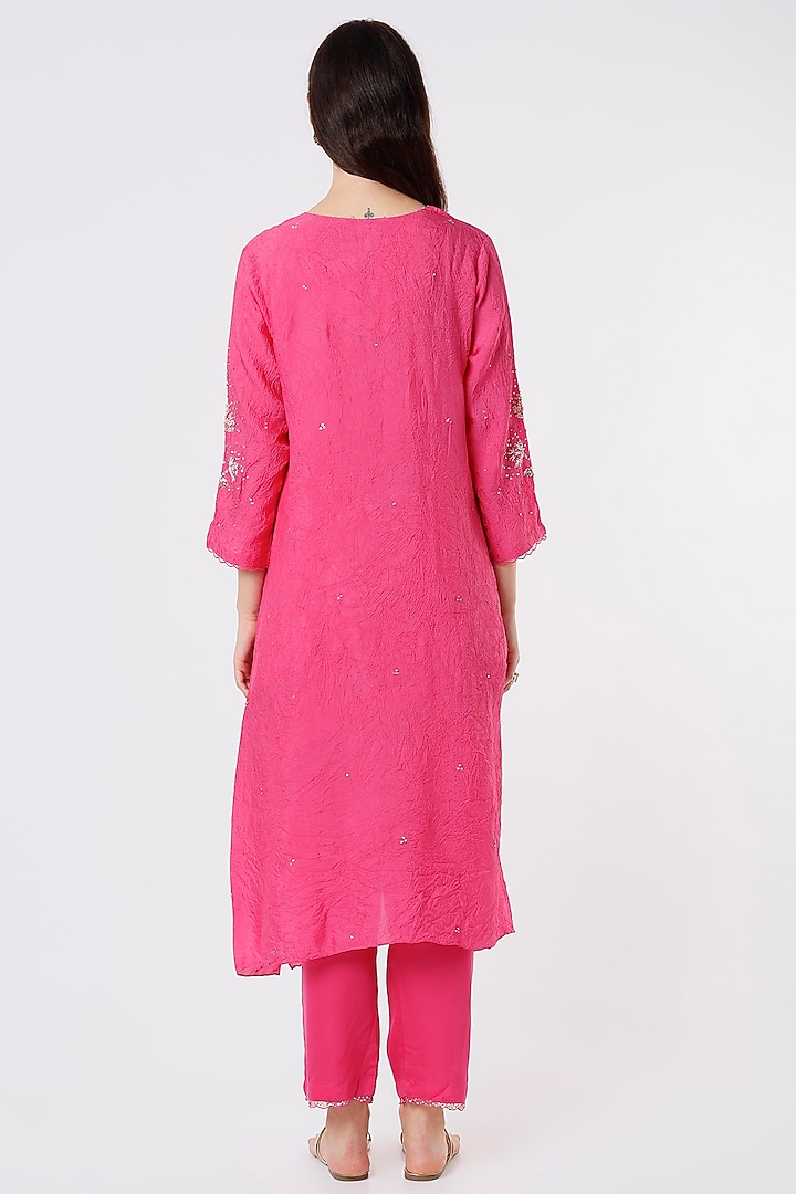 Hot Pink Viscose Silk Embroidered Crushed A-Line Kurta by One not two at Pernia's Pop Up Shop