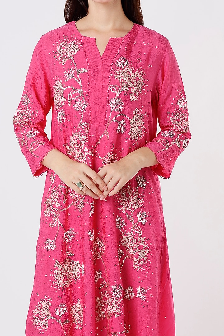 Hot Pink Viscose Silk Embroidered Crushed A-Line Kurta by One not two at Pernia's Pop Up Shop