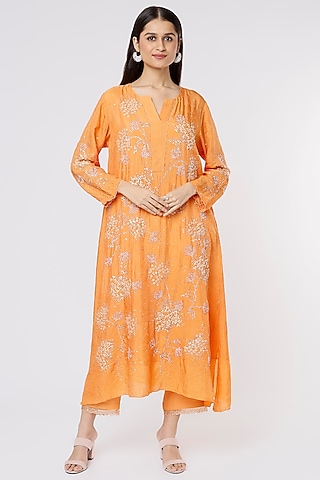 Papaya Orange Viscose Silk Embroidered Crushed A-Line Kurta by One not two