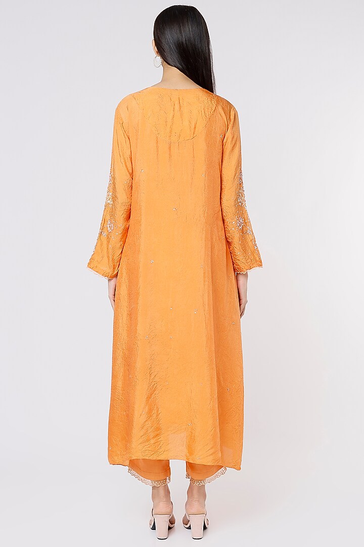 Papaya Orange Viscose Silk Embroidered Crushed A-Line Kurta by One not two at Pernia's Pop Up Shop