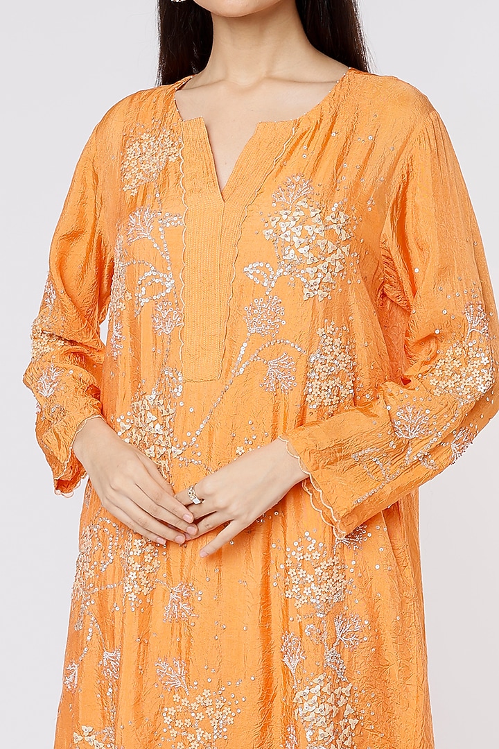 Papaya Orange Viscose Silk Embroidered Crushed A-Line Kurta by One not two at Pernia's Pop Up Shop