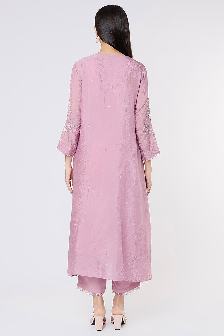 Lavender Viscose Silk Embroidered Crushed A-Line Kurta by One not two at Pernia's Pop Up Shop