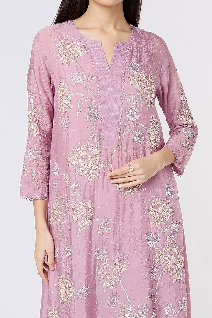 Lavender Viscose Silk Embroidered Crushed A-Line Kurta by One not two at Pernia's Pop Up Shop