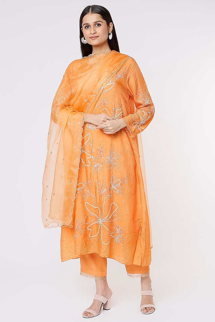 Papaya Orange Silk Organza Embroidered Dupatta by One not two at Pernia's Pop Up Shop