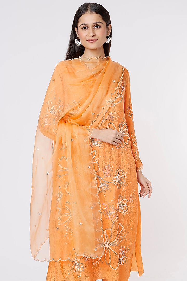 Papaya Orange Silk Organza Embroidered Dupatta by One not two at Pernia's Pop Up Shop
