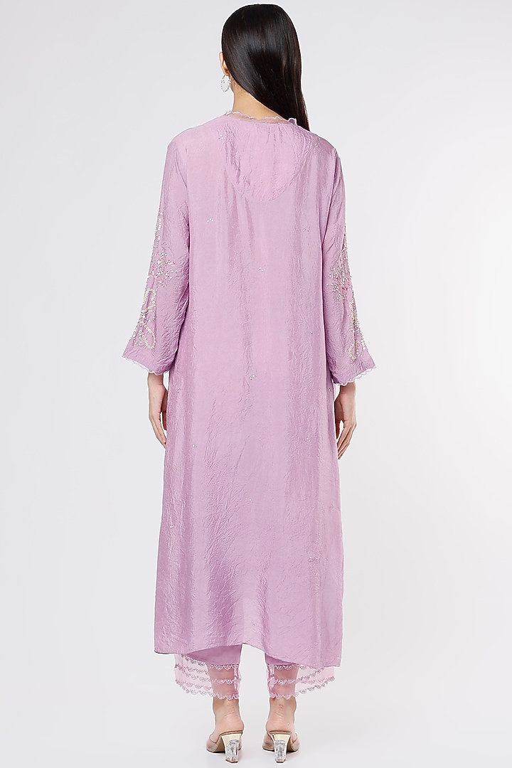 Lavender Viscose Silk Embroidered Crushed A-Line Kurta by One not two at Pernia's Pop Up Shop