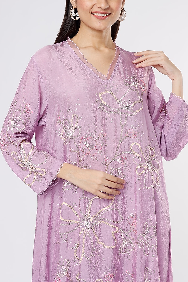 Lavender Viscose Silk Embroidered Crushed A-Line Kurta by One not two at Pernia's Pop Up Shop