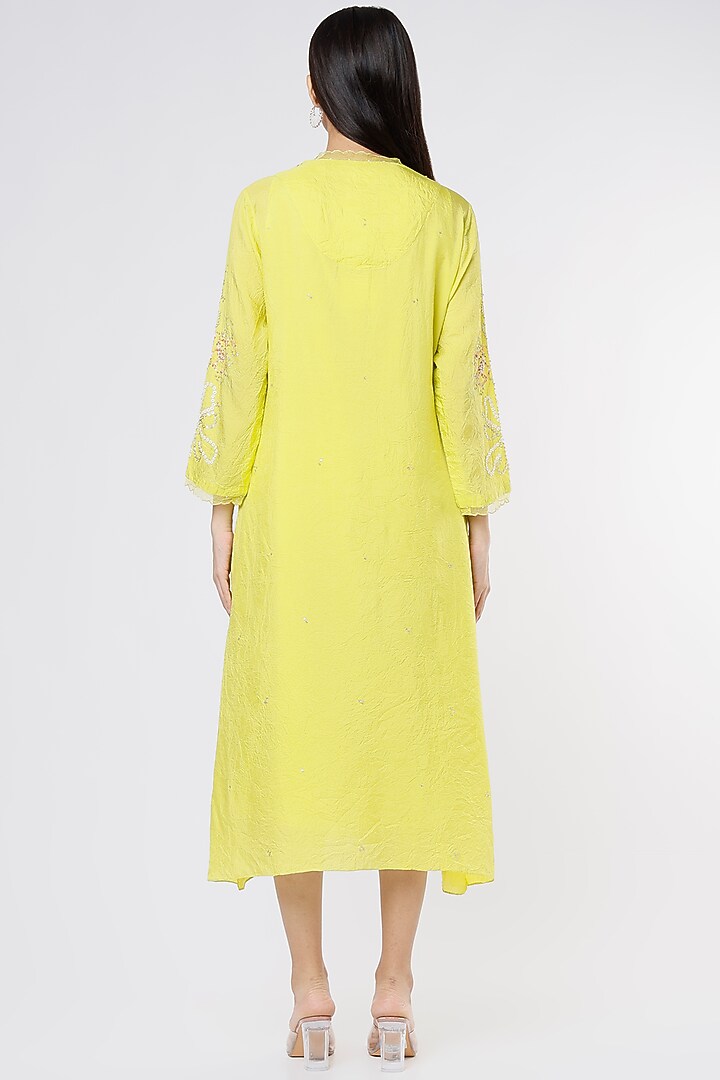 Lemon Yellow Viscose Silk Embroidered Crushed A-Line Kurta by One not two at Pernia's Pop Up Shop