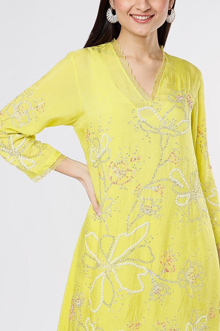 Lemon Yellow Viscose Silk Embroidered Crushed A-Line Kurta by One not two at Pernia's Pop Up Shop