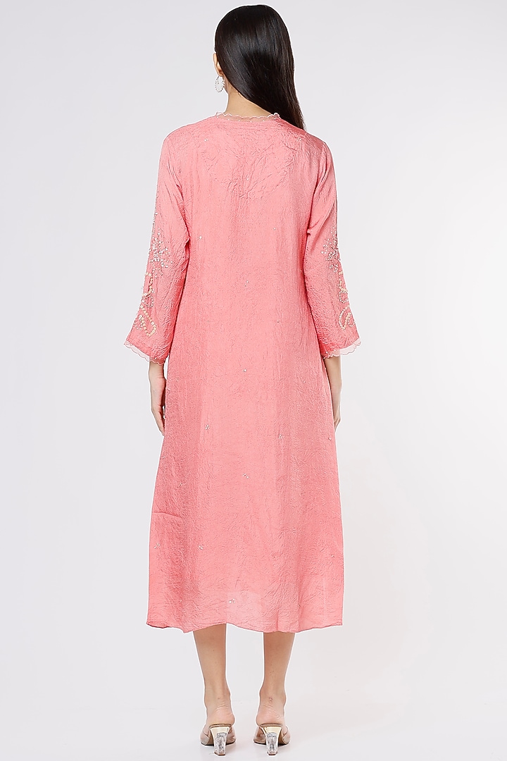 Peach Viscose Silk Embroidered Crushed A-Line Kurta by One not two at Pernia's Pop Up Shop