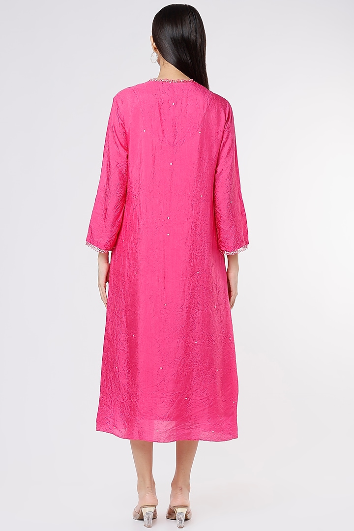 Hot Pink Viscose Silk Embroidered Crushed A-Line Kurta by One not two at Pernia's Pop Up Shop