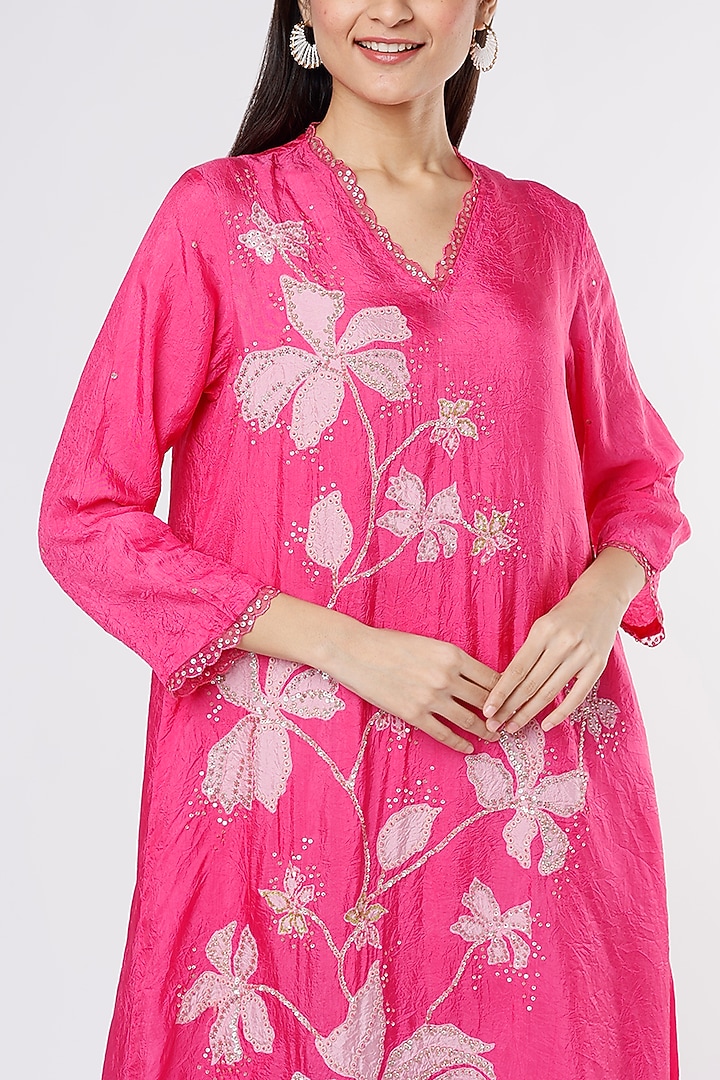 Hot Pink Viscose Silk Embroidered Crushed A-Line Kurta by One not two at Pernia's Pop Up Shop