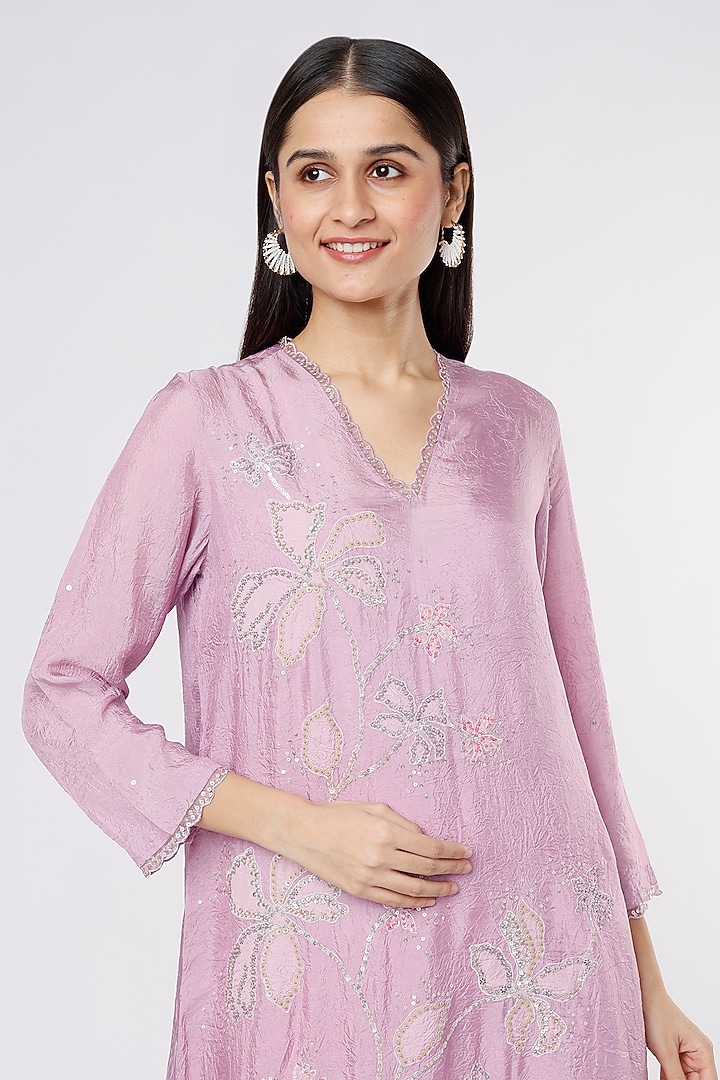 Lilac Viscose Silk Embroidered Crushed A-Line Kurta by One not two at Pernia's Pop Up Shop