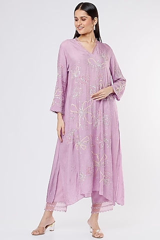 Lavender Modal Satin Embroidered Palazzo Pants by One not two