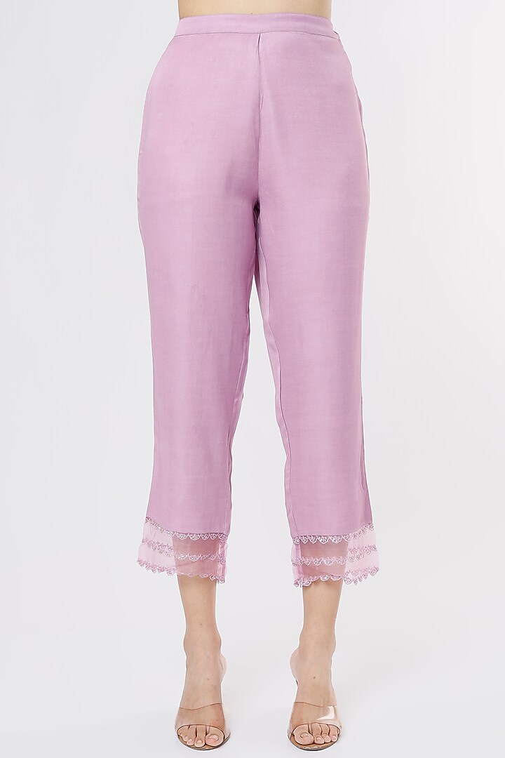 Lavender Modal Satin Embroidered Palazzo Pants by One not two at Pernia's Pop Up Shop