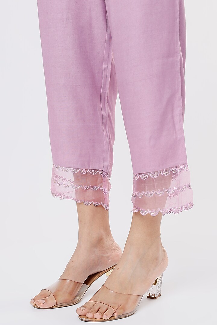 Lavender Modal Satin Embroidered Palazzo Pants by One not two at Pernia's Pop Up Shop