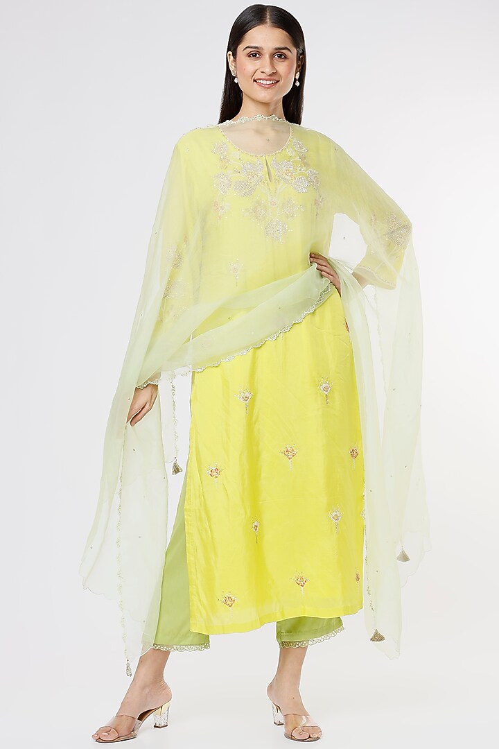 Mist Green Silk Organza Embroidered Dupatta by One not two at Pernia's Pop Up Shop
