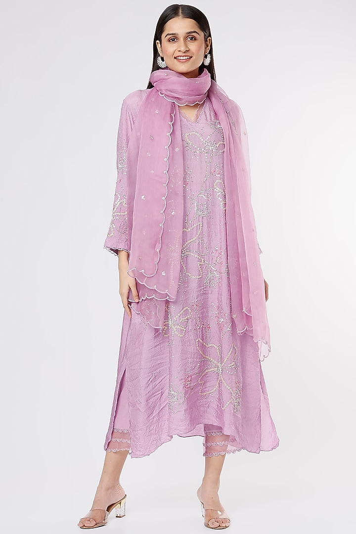 Lavender Silk Organza Embroidered Dupatta  by One not two at Pernia's Pop Up Shop