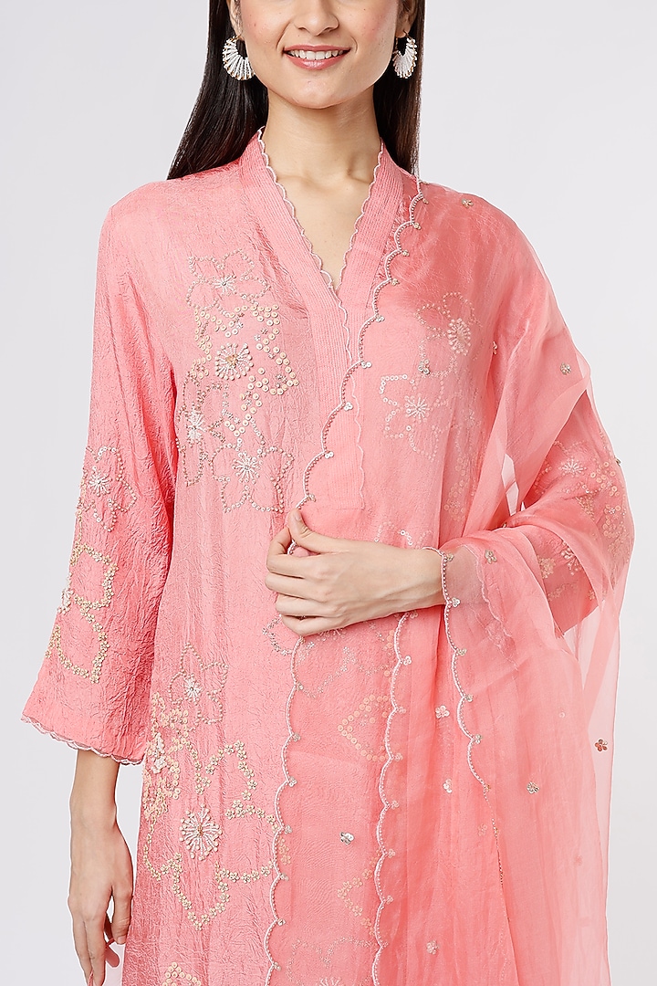 Peach Silk Organza Embroidered Dupatta by One not two at Pernia's Pop Up Shop
