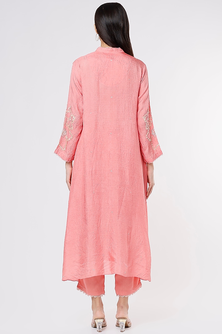 Peach Viscose Silk Embroidered Crushed A-Line Kurta by One not two at Pernia's Pop Up Shop