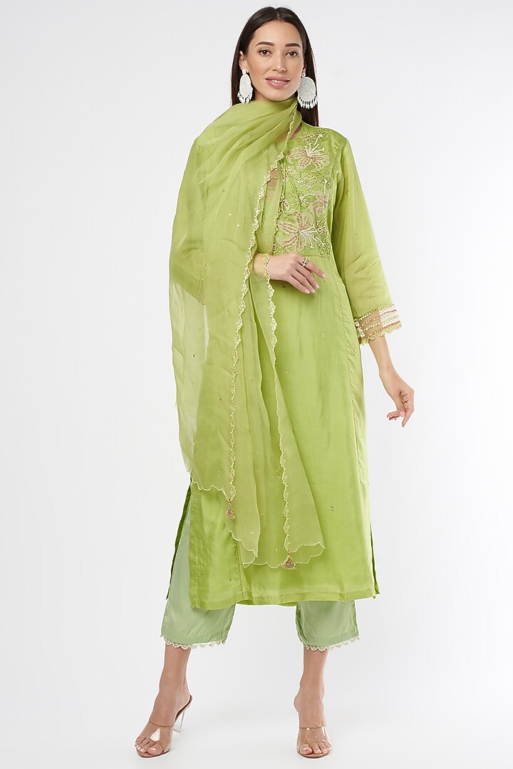 Pear Green Embroidered Dupatta by One not two at Pernia's Pop Up Shop