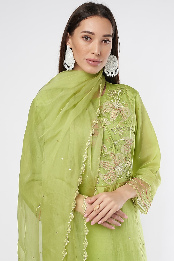Pear Green Embroidered Dupatta by One not two at Pernia's Pop Up Shop