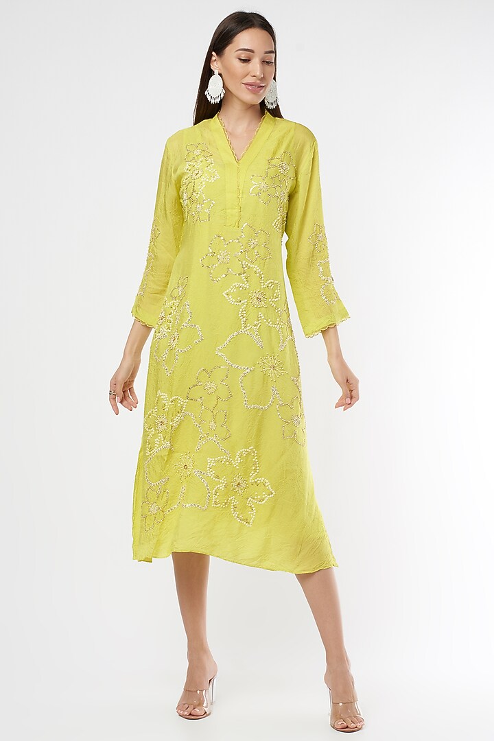 Mustard Floral Embroidered Kurta by One not two at Pernia's Pop Up Shop