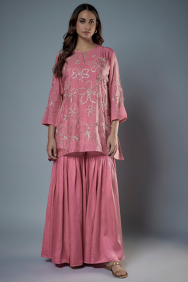 Rose Pink Modal Satin Party Wear Sharara Set by One not two at Pernia's Pop Up Shop