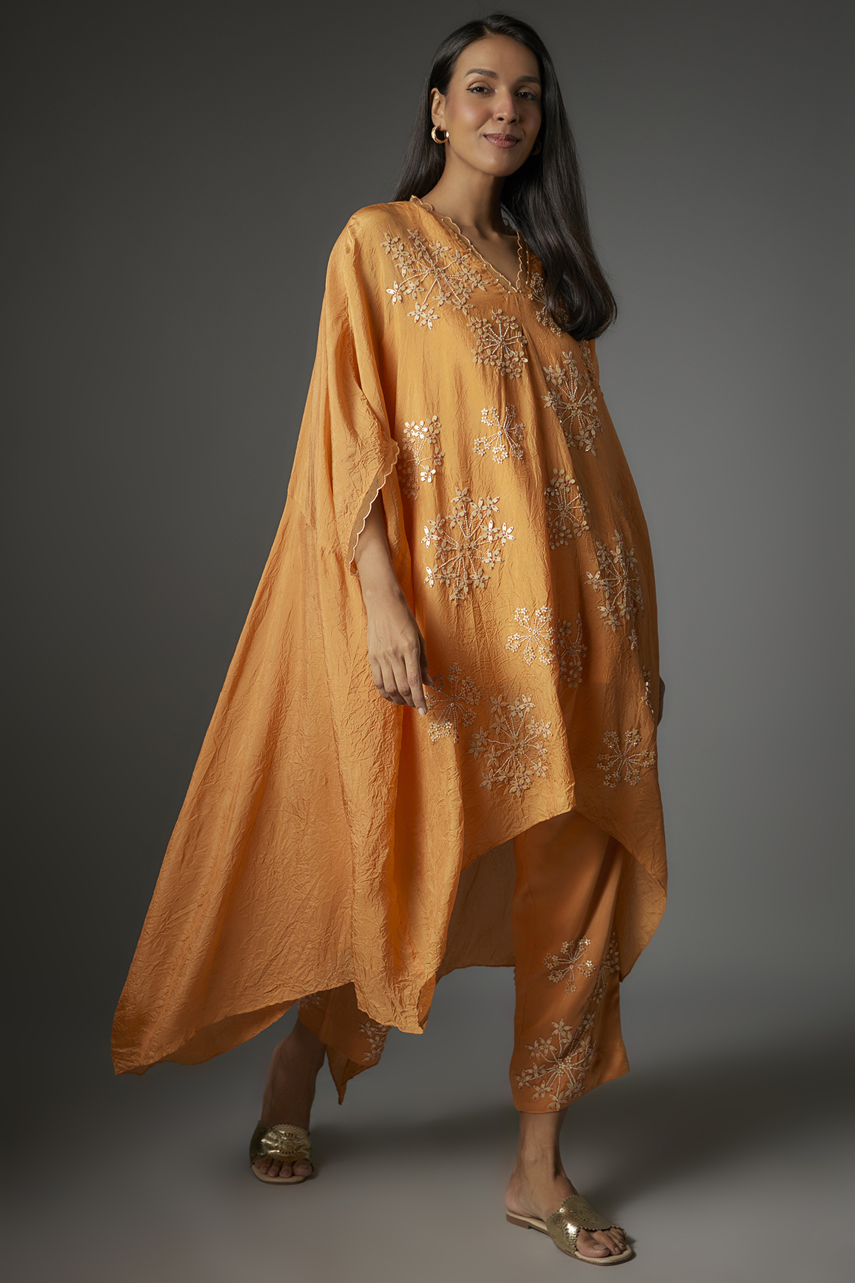 Papaya Orange Viscose Silk Hand Embroidered Kaftan Set by One not two at Pernia's Pop Up Shop