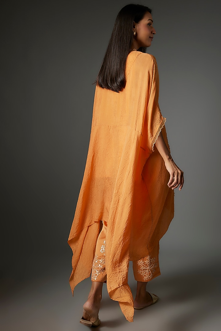Papaya Orange Viscose Silk Hand Embroidered Kaftan Set by One not two at Pernia's Pop Up Shop