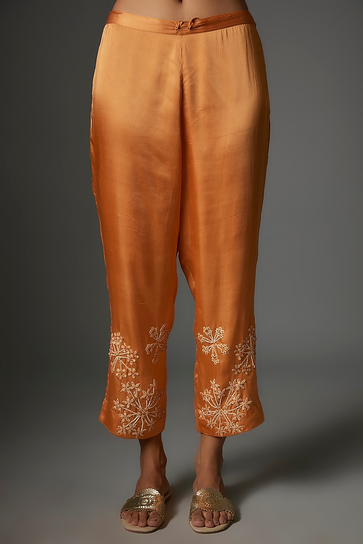 Papaya Orange Viscose Silk Hand Embroidered Kaftan Set by One not two at Pernia's Pop Up Shop