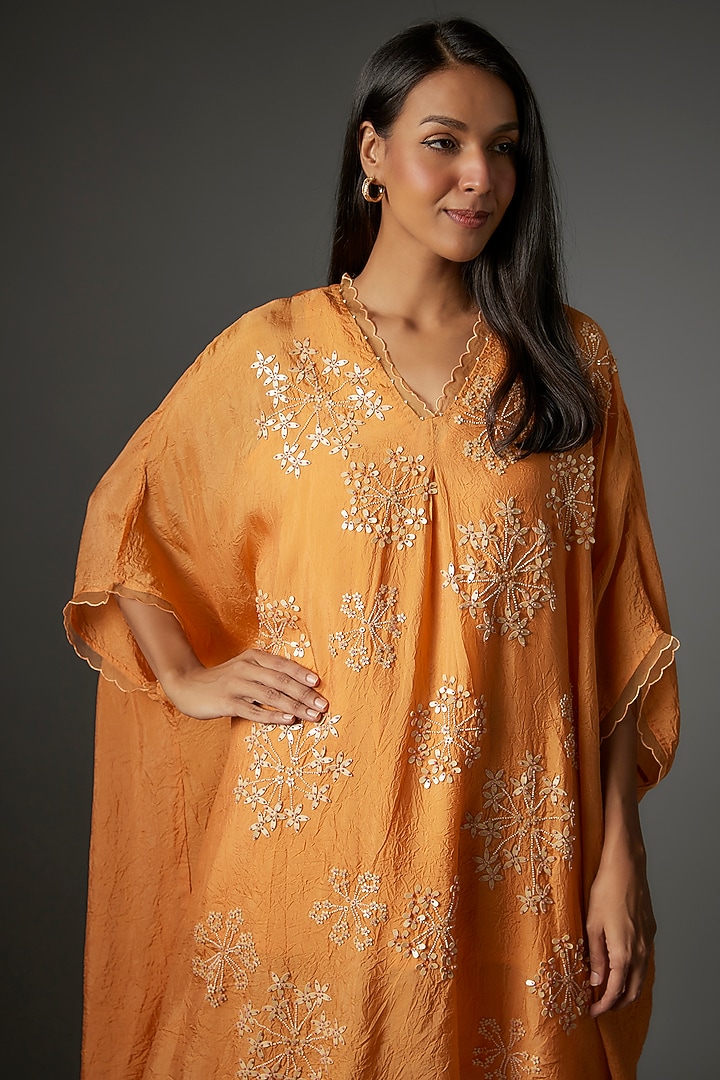Papaya Orange Viscose Silk Hand Embroidered Kaftan Set by One not two at Pernia's Pop Up Shop