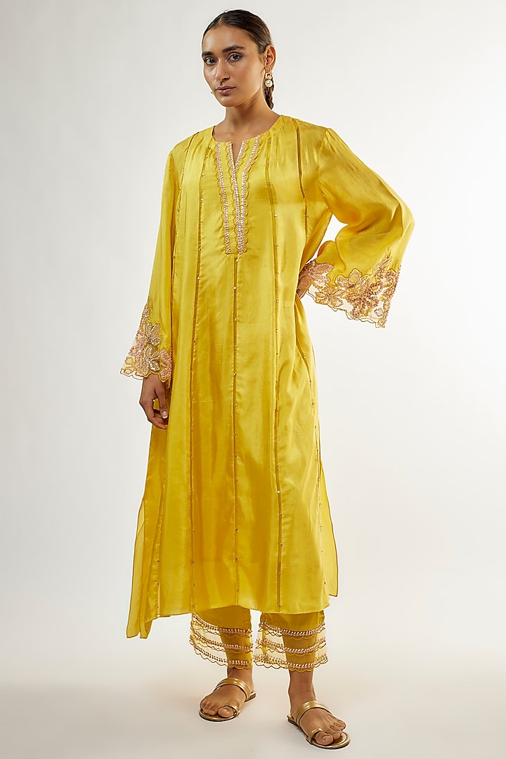 Citrine Silk Sequins Embroidered Kurta Set by One not two at Pernia's Pop Up Shop