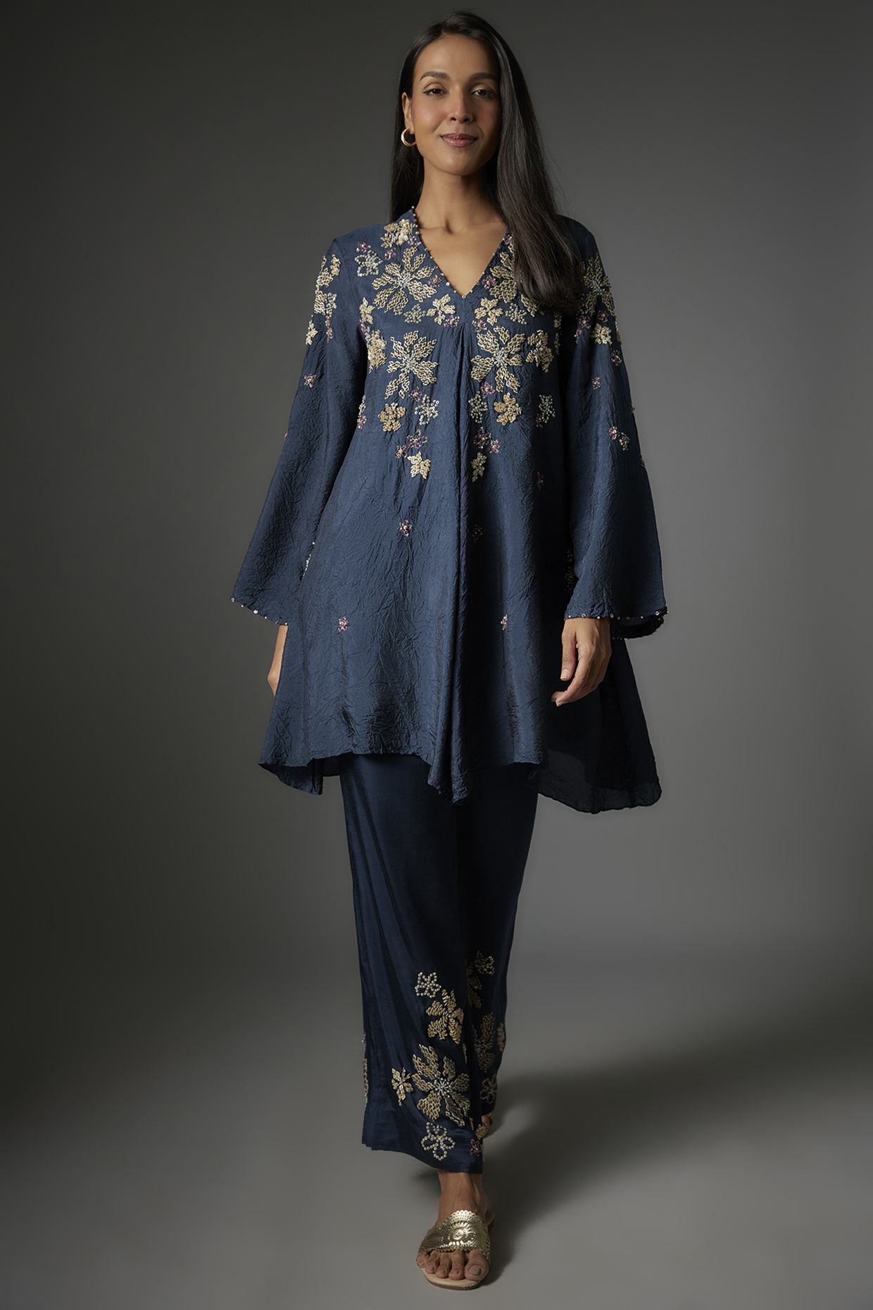 Navy Viscose Silk Hand Embroidered Tunic Set by One not two at Pernia's Pop Up Shop