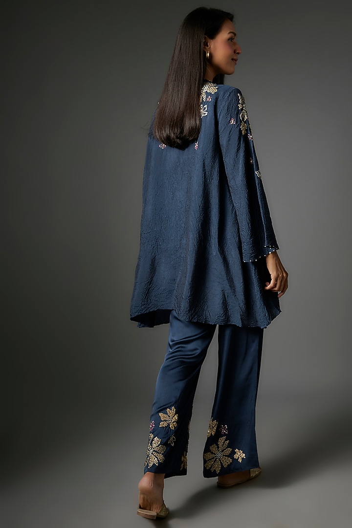 Navy Viscose Silk Hand Embroidered Tunic Set by One not two at Pernia's Pop Up Shop