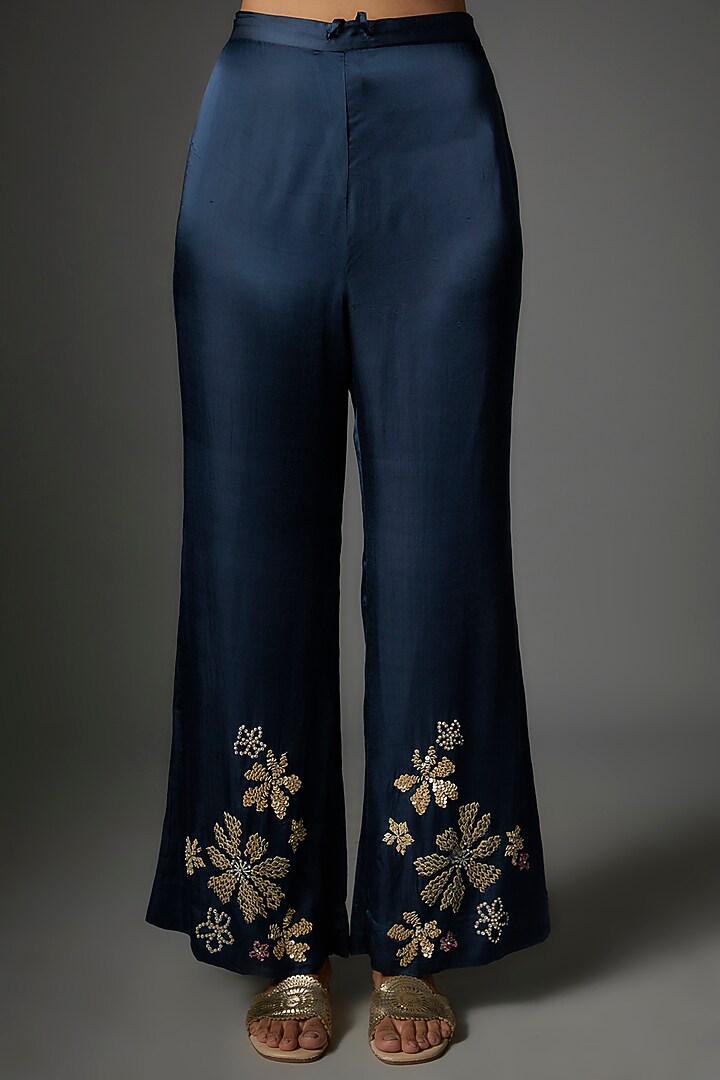 Navy Viscose Silk Hand Embroidered Tunic Set by One not two at Pernia's Pop Up Shop