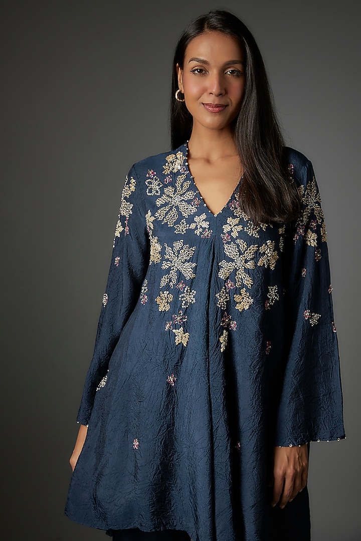 Navy Viscose Silk Hand Embroidered Tunic Set by One not two at Pernia's Pop Up Shop