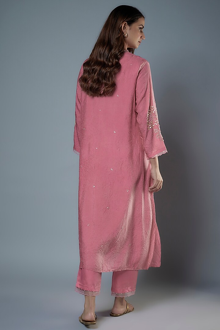 Rose Pink Viscose Silk Hand Embroidered Kurta Set by One not two at Pernia's Pop Up Shop