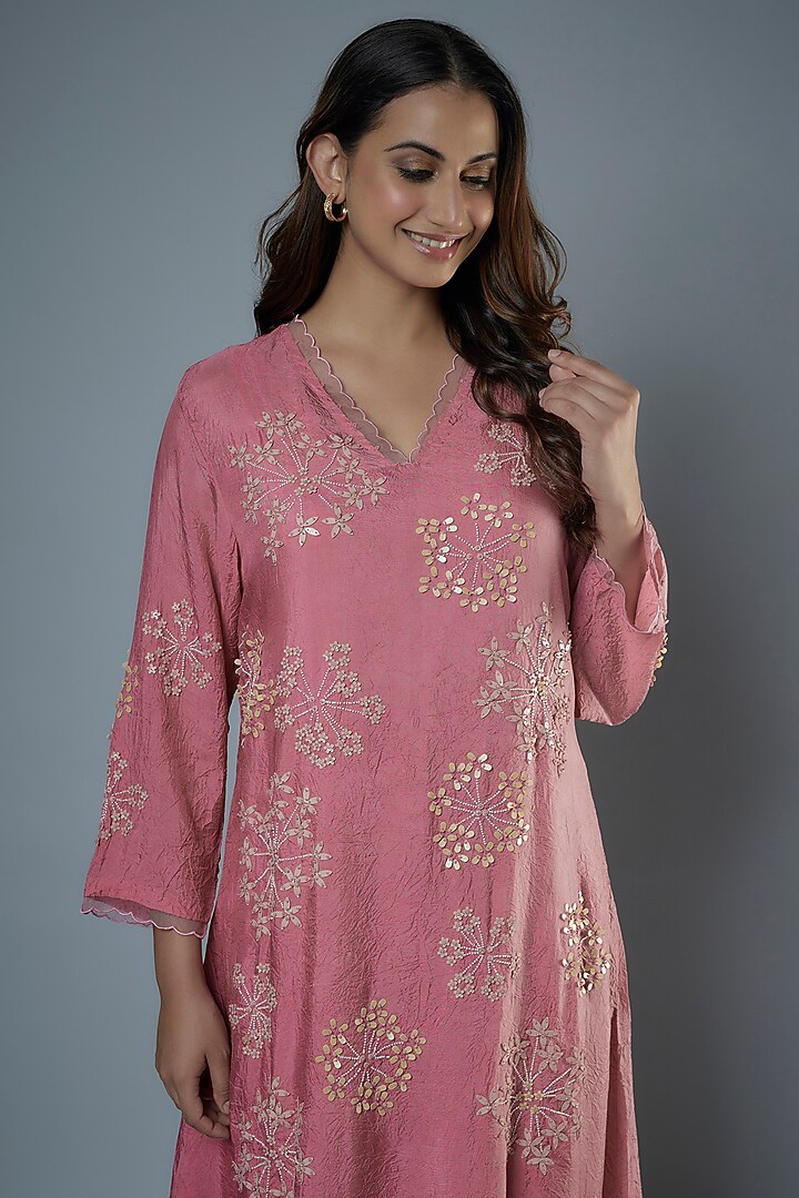 Rose Pink Viscose Silk Hand Embroidered Kurta Set by One not two at Pernia's Pop Up Shop
