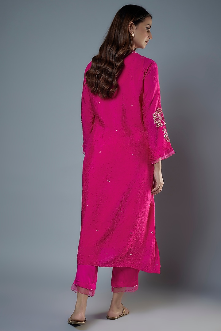 Hot Pink Viscose Silk Hand Embroidered Kurta Set by One not two at Pernia's Pop Up Shop