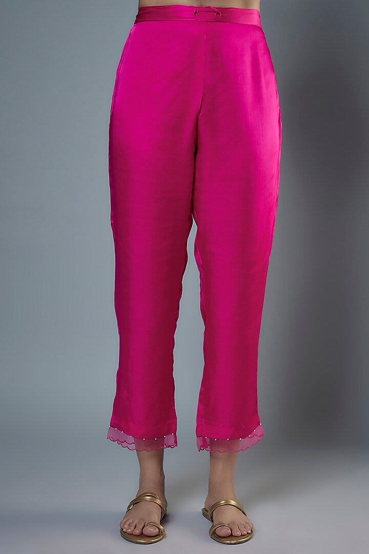 Hot Pink Viscose Silk Hand Embroidered Kurta Set by One not two at Pernia's Pop Up Shop